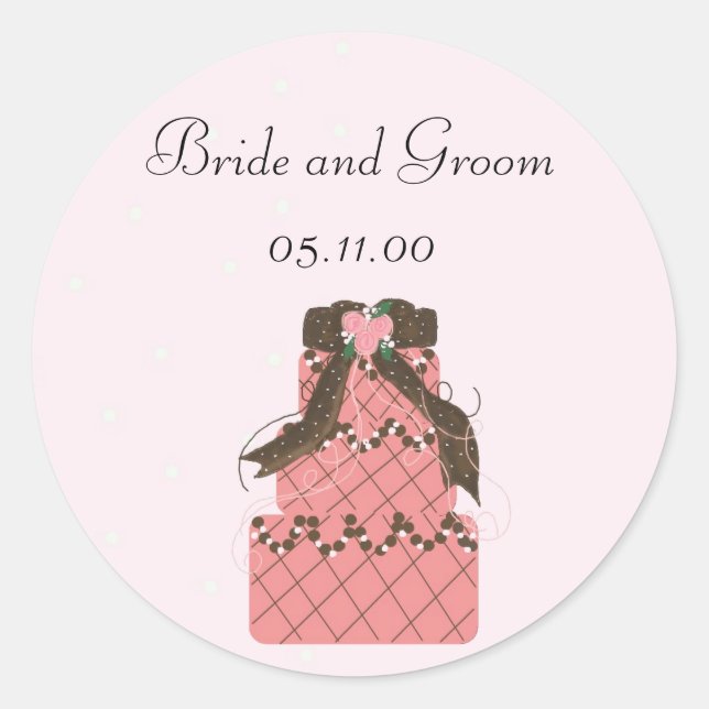 Elegant Pink and Chocolate Wedding Cake Classic Round Sticker (Front)