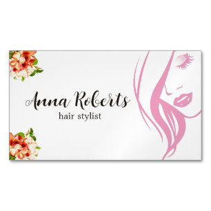 Elegant Pink and Flowers Hair Stylist Makeup Magnetic Business Card