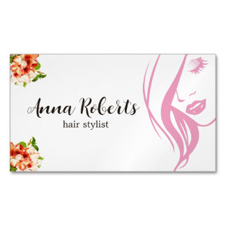 Elegant Pink and Flowers Hair Stylist Makeup Magnetic Business Card