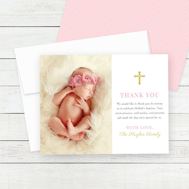 Elegant Pink and Gold Baby Girl Photo Baptism Thank You Card (Creator Uploaded)