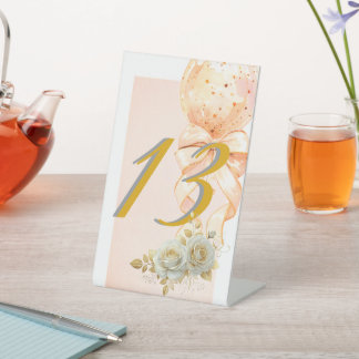 Elegant Pink and Gold Balloon Birthday Party Table Pedestal Sign