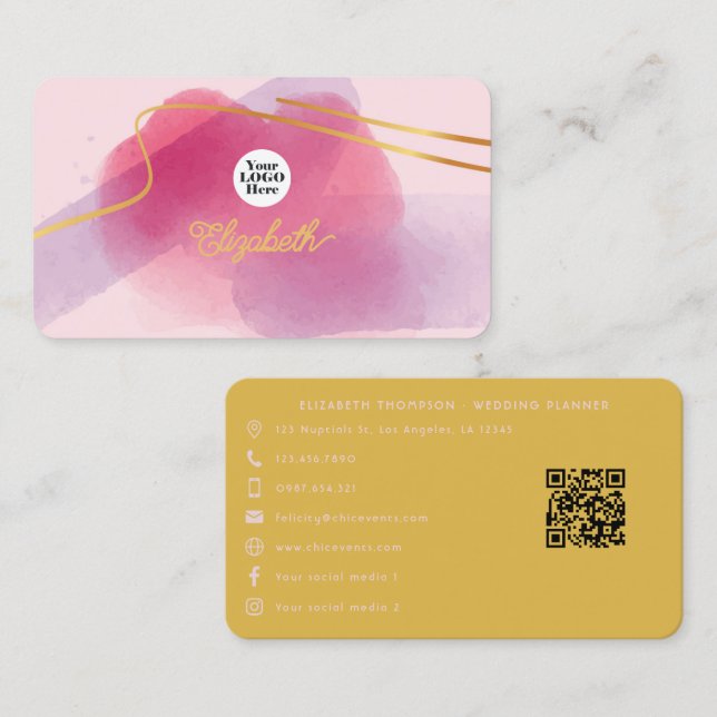 Elegant Pink and Gold Brush Strokes Business Card (Front/Back)