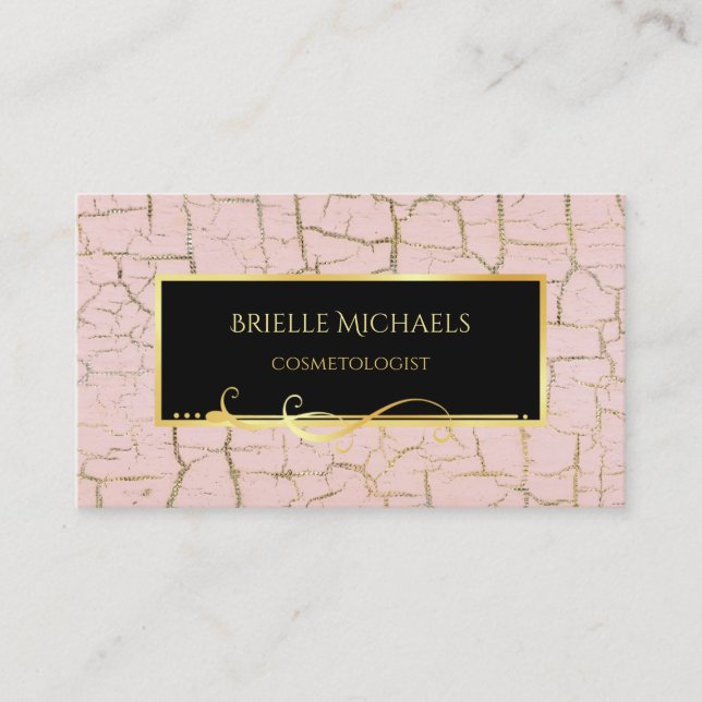 Elegant Pink and Gold Crackle Paint Cosmetologist Business Card (Front)