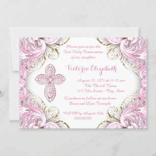Elegant Pink and Gold Cross First Communion Invitation