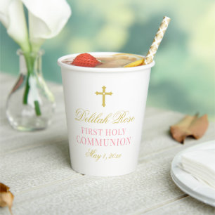 Elegant Pink and Gold First Communion Girl Paper Cups