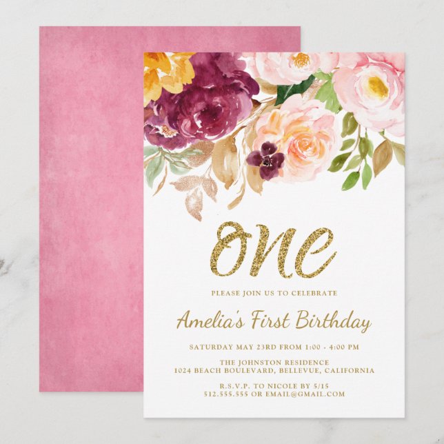 Elegant Pink and Gold Floral 1st Birthday Party Invitation (Front/Back)