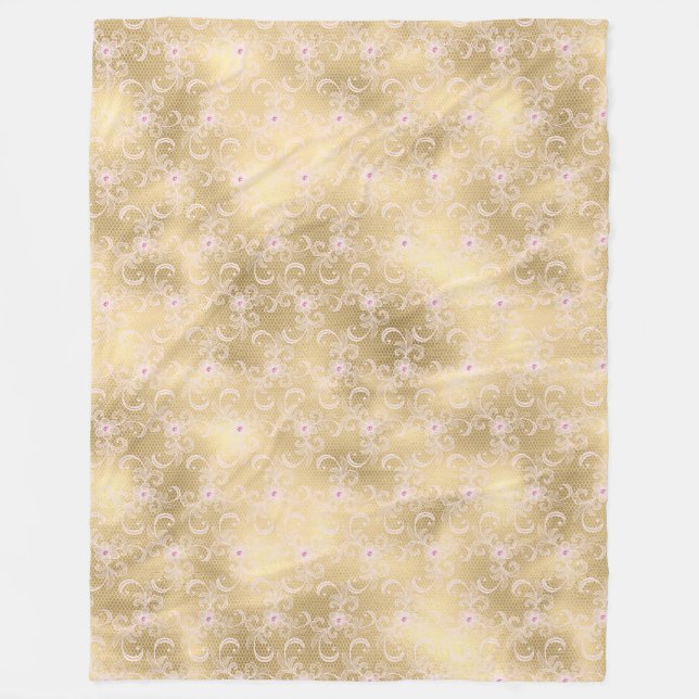 Elegant Pink and Gold Floral Lace Fleece Blanket (Front)