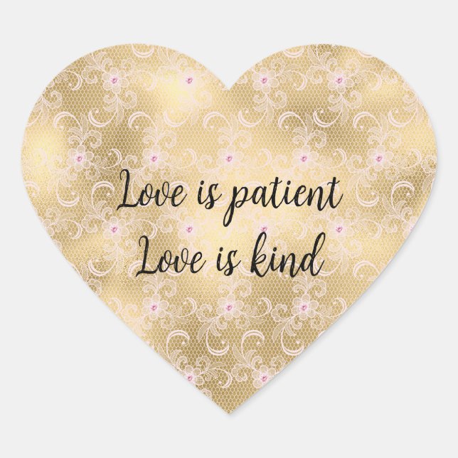 Elegant Pink and Gold Floral Lace Heart Sticker (Front)