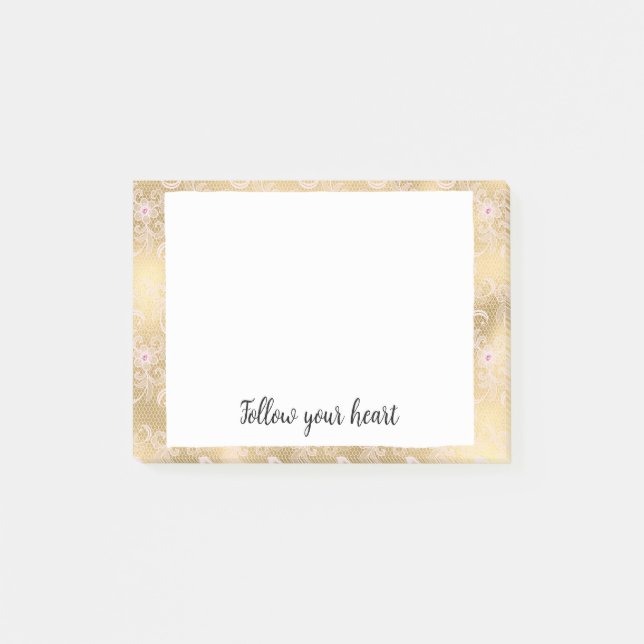 Elegant Pink and Gold Floral Lace Post-it Notes (Front)