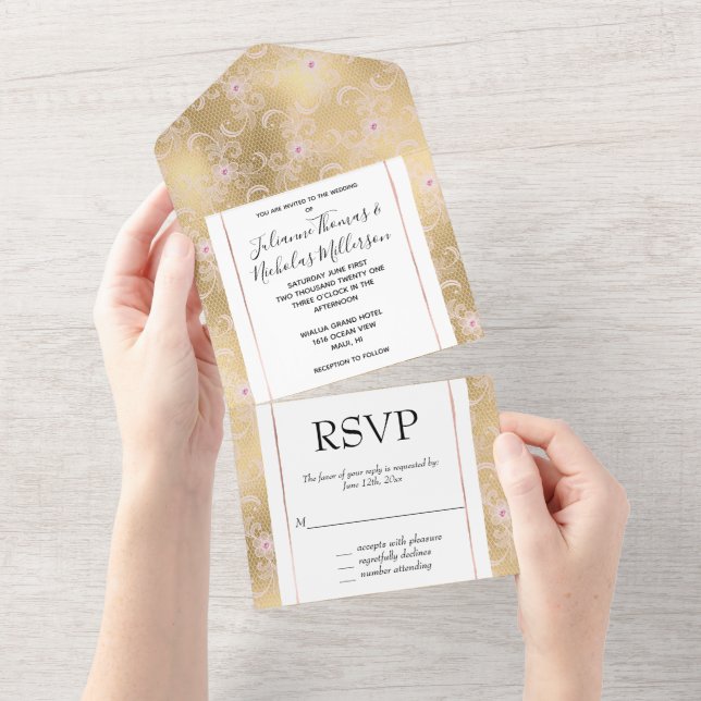 Elegant Pink and Gold Floral Lace Wedding All In One Invitation (Tearaway)