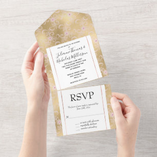 Elegant Pink and Gold Floral Lace Wedding All In One Invitation