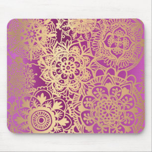 Elegant Pink and Gold Floral Mandala Pattern Mouse Mat