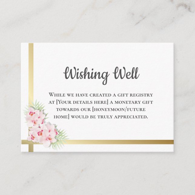 Elegant Pink and Gold Floral Wedding Wishing Well Enclosure Card (Front)