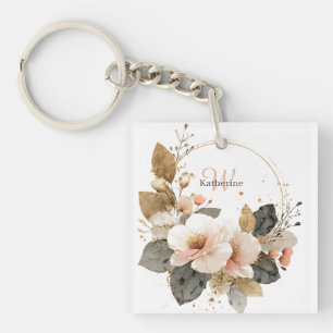 Elegant Pink and Gold Floral Wreath, Custom Name Key Ring
