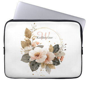 Elegant Pink and Gold Floral Wreath, Custom Name Laptop Sleeve