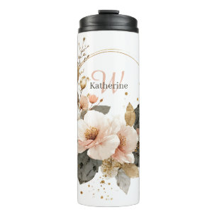 Elegant Pink and Gold Floral Wreath, Custom Name Thermal Tumbler