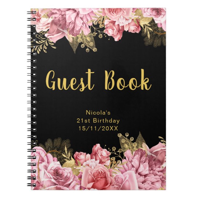 Elegant Pink and Gold Flowers Birthday Guest Book (Front)