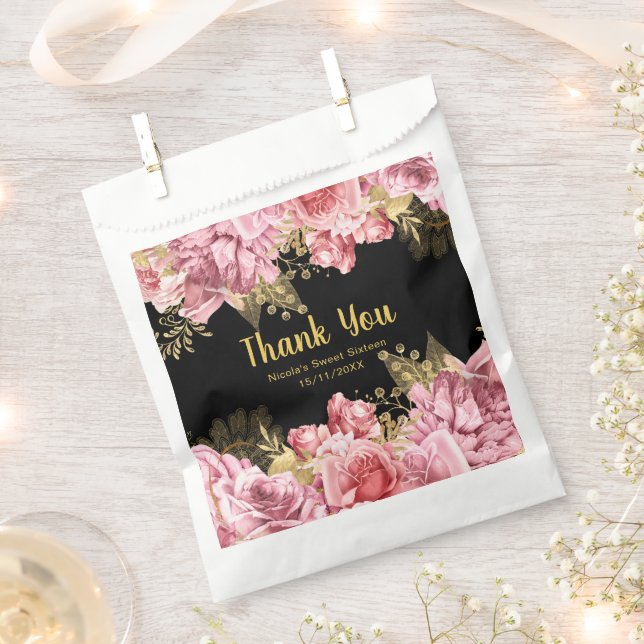 Elegant Pink and Gold Flowers Birthday Party Favour Bags (Clipped)