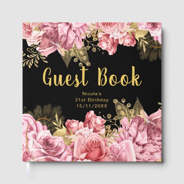 Elegant Pink and Gold Flowers Birthday Party Guest Book (Front)