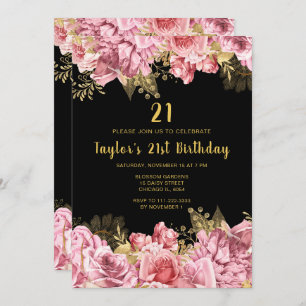 Elegant Pink and Gold Flowers Birthday Party Invitation