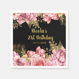 Elegant Pink and Gold Flowers Birthday Party Napkin
