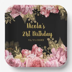 Elegant Pink and Gold Flowers Birthday Party Paper Plate