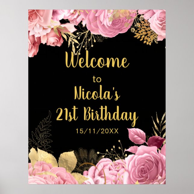 Elegant Pink and Gold Flowers Birthday Party  Poster (Front)