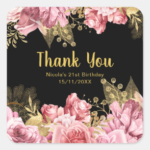 Elegant Pink and Gold Flowers Birthday Party Square Sticker