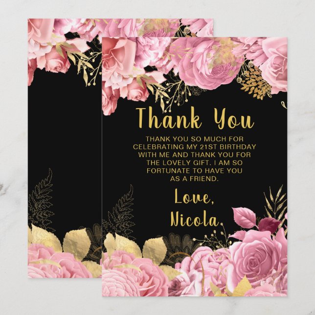 Elegant Pink and Gold Flowers Birthday Party Thank You Card (Front/Back)