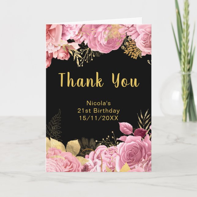 Elegant Pink and Gold Flowers Birthday Party Thank You Card (Front)