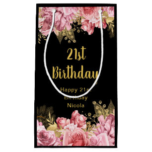 Elegant Pink and Gold Flowers Birthday Small Gift Bag