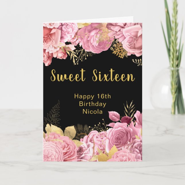Elegant Pink and Gold Flowers Sweet Sixteen Card (Front)