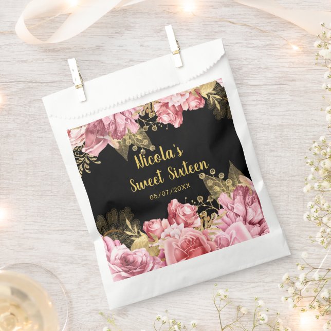Elegant Pink and Gold Flowers Sweet Sixteen  Favour Bags (Clipped)