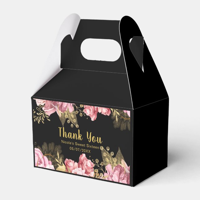 Elegant Pink and Gold Flowers Sweet Sixteen  Favour Box (Front Side)