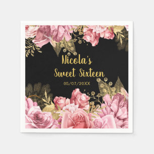 Elegant Pink and Gold Flowers Sweet Sixteen  Napkin