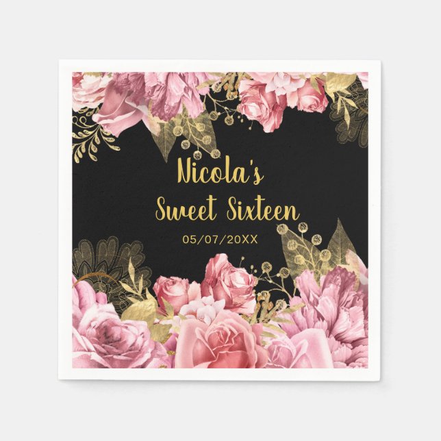 Elegant Pink and Gold Flowers Sweet Sixteen  Napkin (Front)