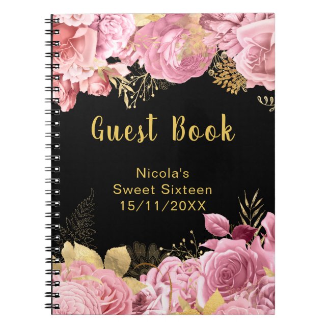 Elegant Pink and Gold Flowers Sweet Sixteen Notebook (Front)