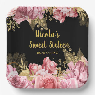 Elegant Pink and Gold Flowers Sweet Sixteen  Paper Plate