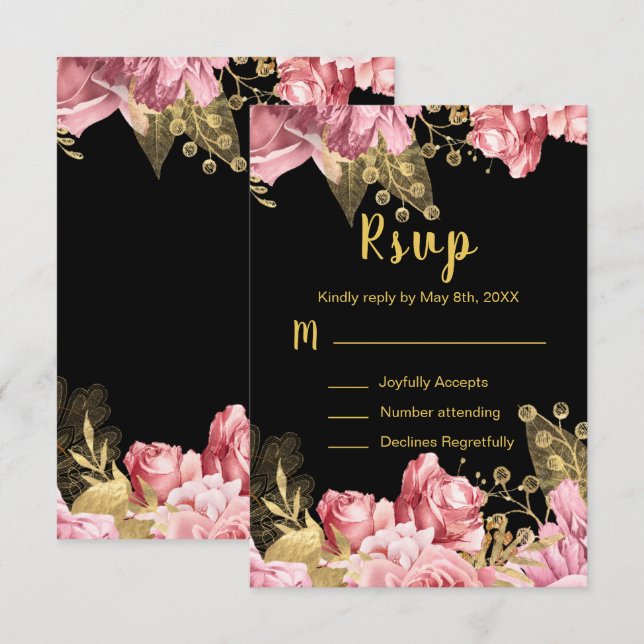Elegant Pink and Gold Flowers Sweet Sixteen RSVP Card (Front/Back)