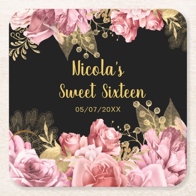 Elegant Pink and Gold Flowers Sweet Sixteen  Square Paper Coaster (Front)