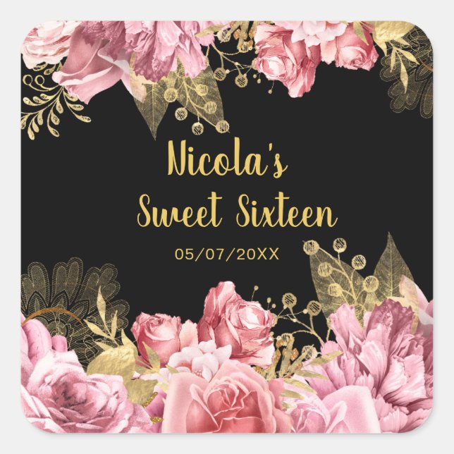Elegant Pink and Gold Flowers Sweet Sixteen  Square Sticker (Front)