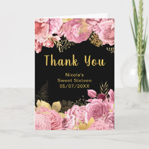 Elegant Pink and Gold Flowers Sweet Sixteen Thank You Card