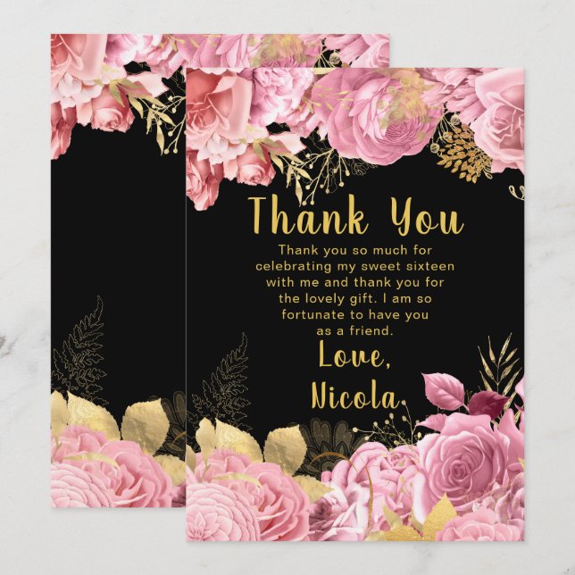Elegant Pink and Gold Flowers Sweet Sixteen Thank You Card (Front/Back)