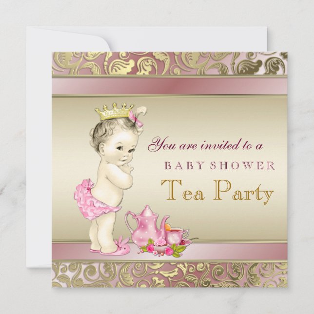 Elegant Pink and Gold Girls Tea Party Baby Shower Invitation (Front)
