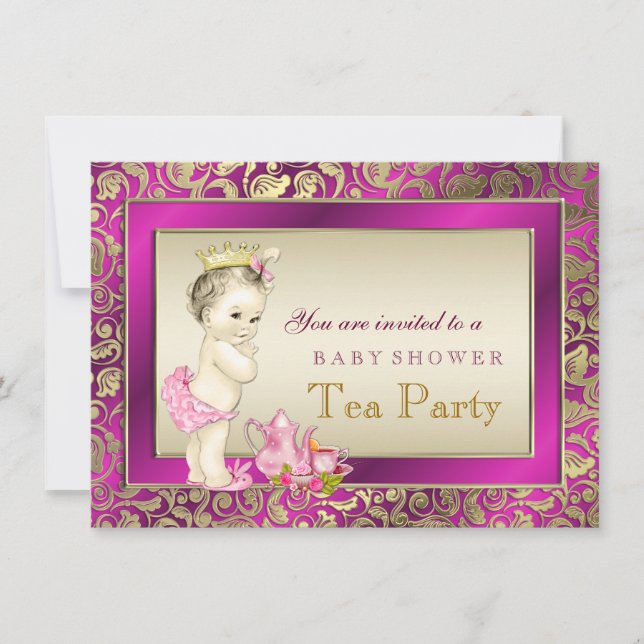 Elegant Pink and Gold Girls Tea Party Baby Shower Invitation (Front)