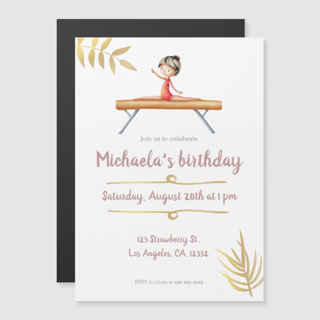 Elegant pink and gold gymnastics themed magnetic invitation (Front/Back)