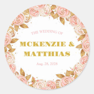Elegant Pink and Gold Peony Floral Wedding Classic Round Sticker
