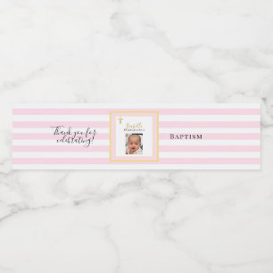 Elegant Pink and Gold Photo Baptism Party Water Bottle Label