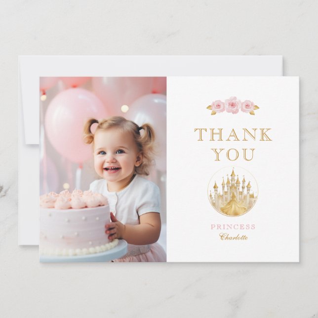 Elegant Pink and Gold Princess Photo Thank You  (Front)