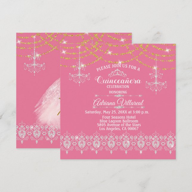 Elegant Pink and Gold Quinceañera Invitation (Front/Back)